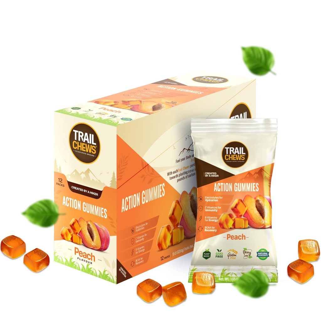 Peach smak - 4-i-1 energi Gummies för energi, hydroration, immunitet, återhämtning. Ökar uthållighet och prestanda. Plant-Based & Gluten-Free. 12 Bags, 10 Gummies Var och en.