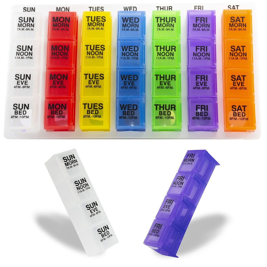 GMS 4 Times a Day Weekly Pill Reminder för mediciner, vitaminer, kosttillskott och andra piller - Inkluderar 7 flyttbara pillerlådor i en platt vit bricka (Rainbow)