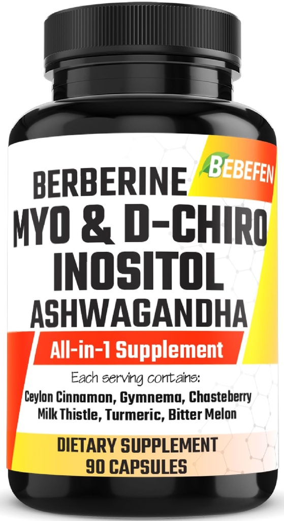 Myo-Inositol & D-Chiro Inositol Capsules med Ashwagandha, Berberine, Cinnamon, Gymnema, Chasteberry, Milk Thistle, Turmeric, Bitter Melon - 90 kapslar