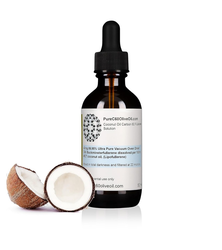 PureC60OliveOil C60 Organic MCT Coconut Oil 50ml / 1.7 Fl Oz - 99.95% Kol 60 lösningsmedel Fri 20mg - Amber Glass flaska - Food Grade - Kol 60 MCT Coconut Oil - från den ledande globala producenten