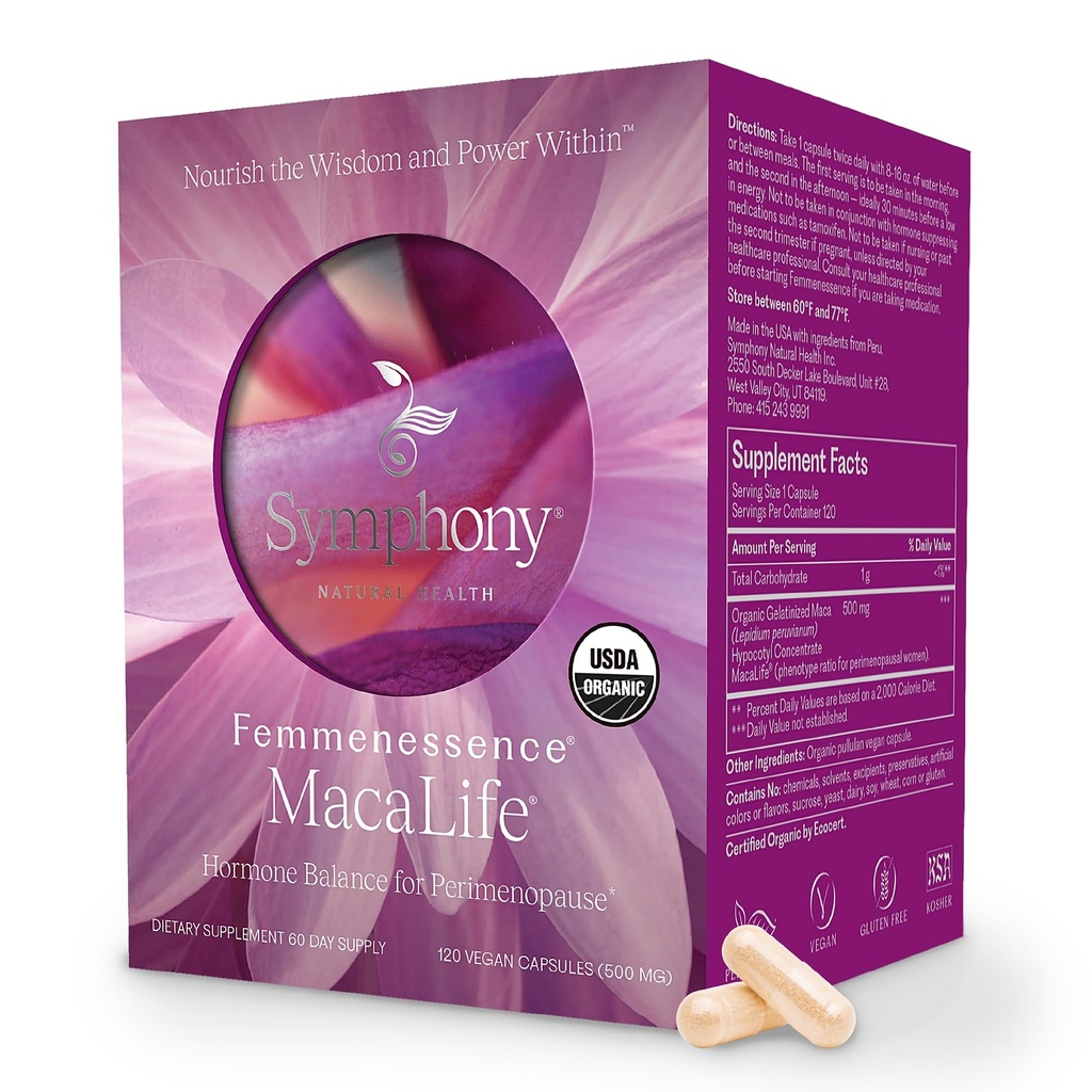 Femmenessence® MacaLife® - Kliniskt bevisat perimenopausalt tillskott för naturlig hormonbalans, symtomhjälp, hjärt- och humörsupport, utan tillsatta hormoner (120 kapslar, 60 dagars leverans)