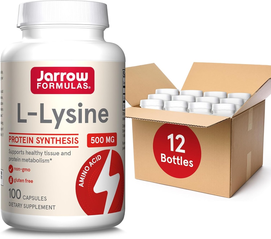 Jarrow Formulas L-Lysine 500 mg - 100 kapslar - Essential Aminosyra för proteinmetabolism - Kosttillskott - Upp till 100 portioner (Pack av 12)