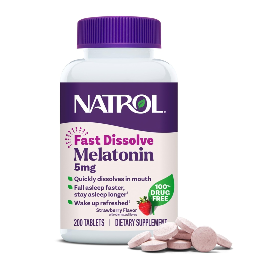 Natrol Melatonin 5mg Snabbupplösta tabletter, sömnstödstillägg för vuxna, jordgubbsmak, 200 tabletter, upp till 200 dagars leverans