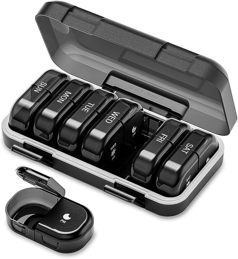 Weekly Pill Organizer 2 gånger om dagen, AM PM Pill Organizer 7 dagar, Portable Pill Case 14 dagar, Moisture Proof Large Pill Dispenser, Large Travel Pill Box för vitamintillskott (Black)