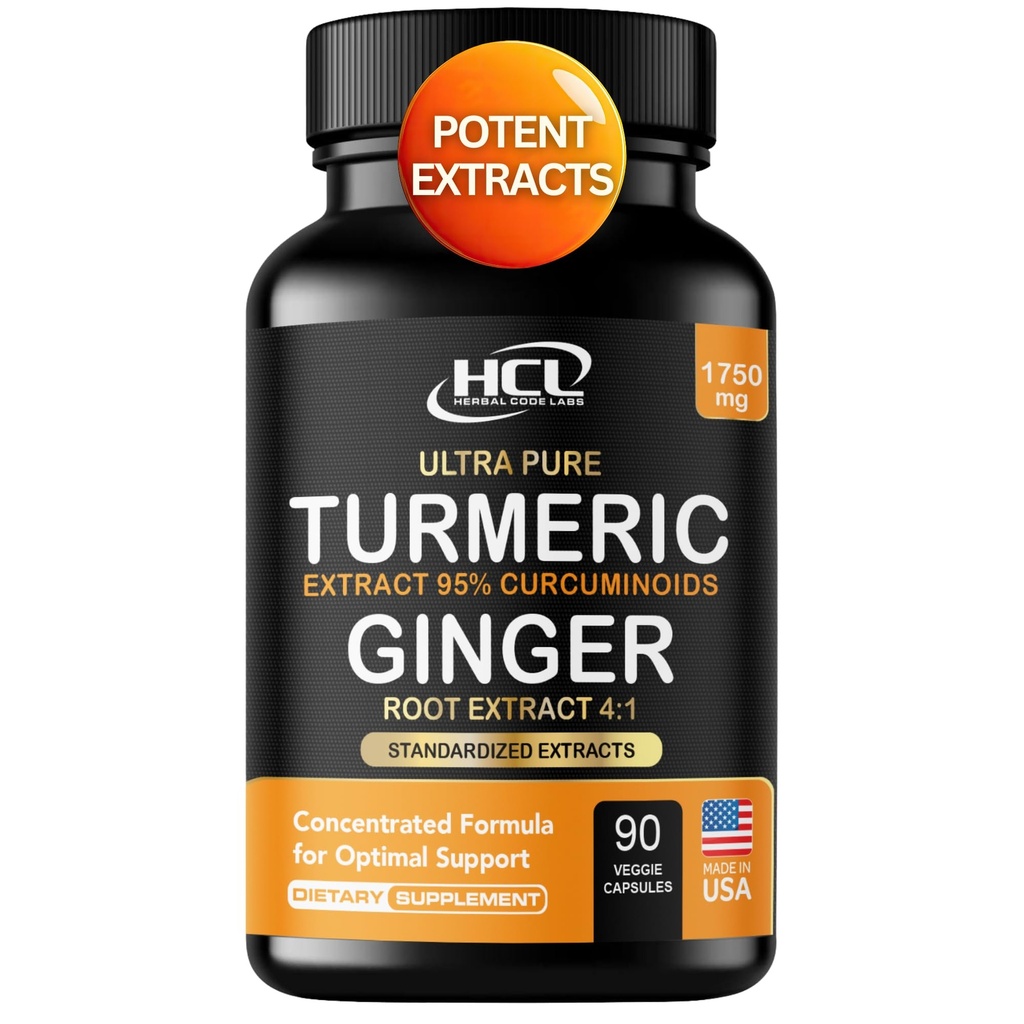 Gurkmeja Curcumin med Ginger - 1750mg High-Potency Formel med 95% Standardiserade Curcuminoids och Ginger Extract - Black Pepper för förbättrad absorption - 60 Vegan kapslar