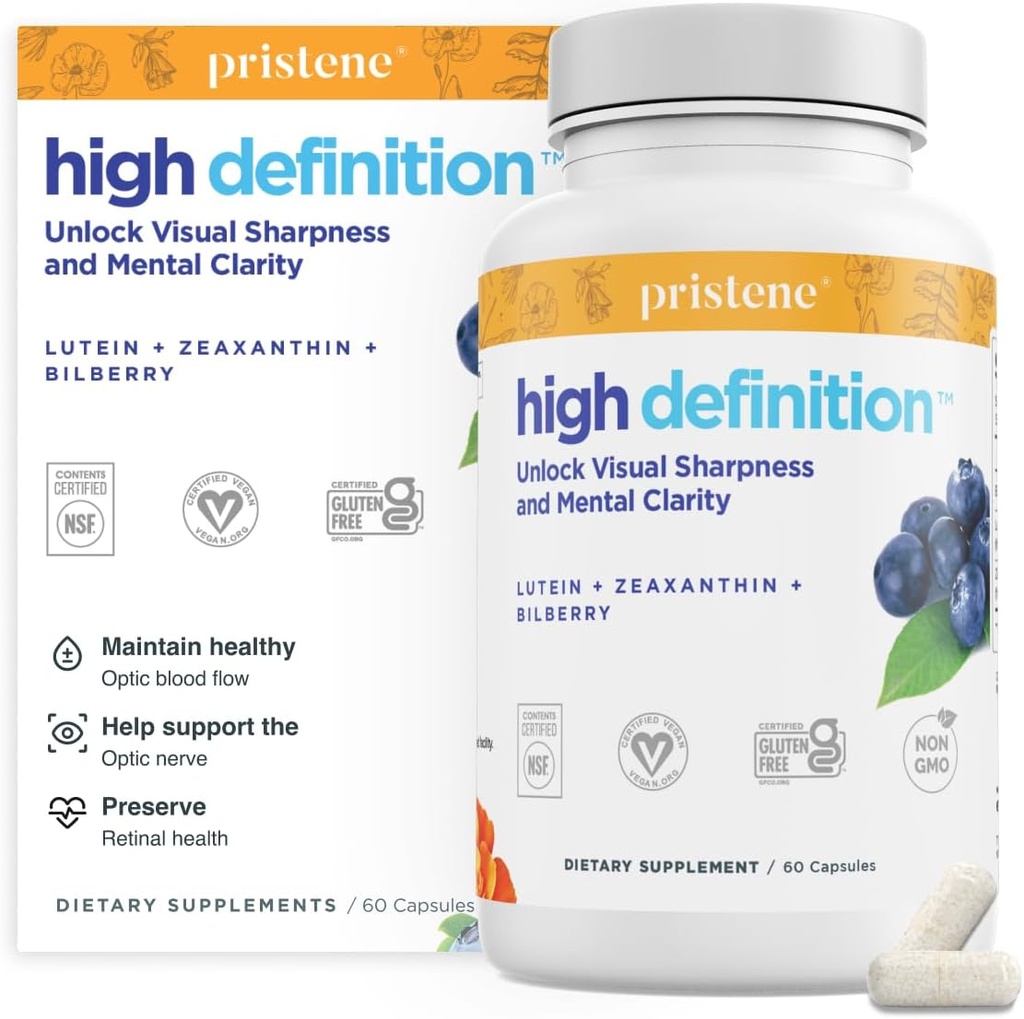 High Definition Brain + Eye Vitamins för minne, fokus och koncentration, Lutein & Zeaxanthin (25mg / 5mg) för att skydda dina ögon från blått ljus och skärmar, Bilberry Supplement för ögon för att stödja BDNF