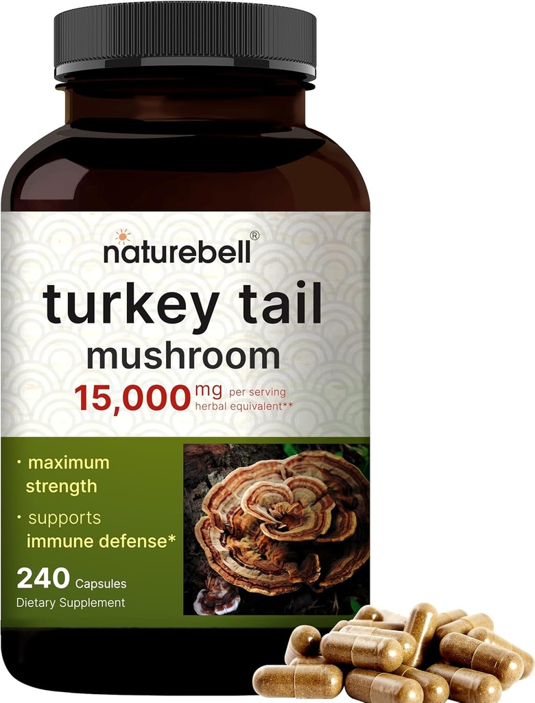 NatureBell Turkey Tail Mushroom Capsules 15,000mg Per Serving, 240 greve | 25:1 Fruktande kropp & Mycelium Extract - Immune & Brain Health Mushrooms Supplement