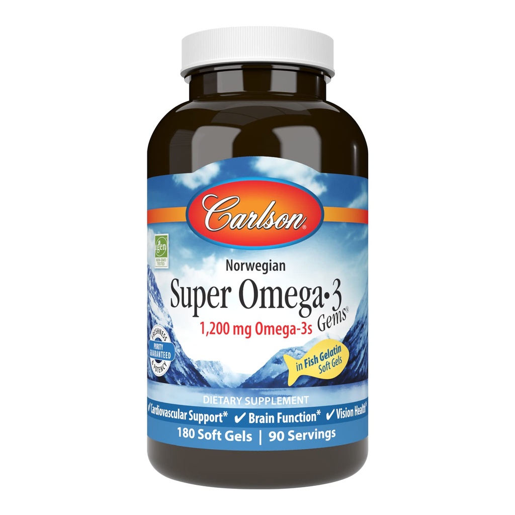 Carlson - Super Omega-3 Gems, 1200 mg Omega-3, Cardiovascular Support, Brain Function & Vision Health, norska, 180 mjuka gels