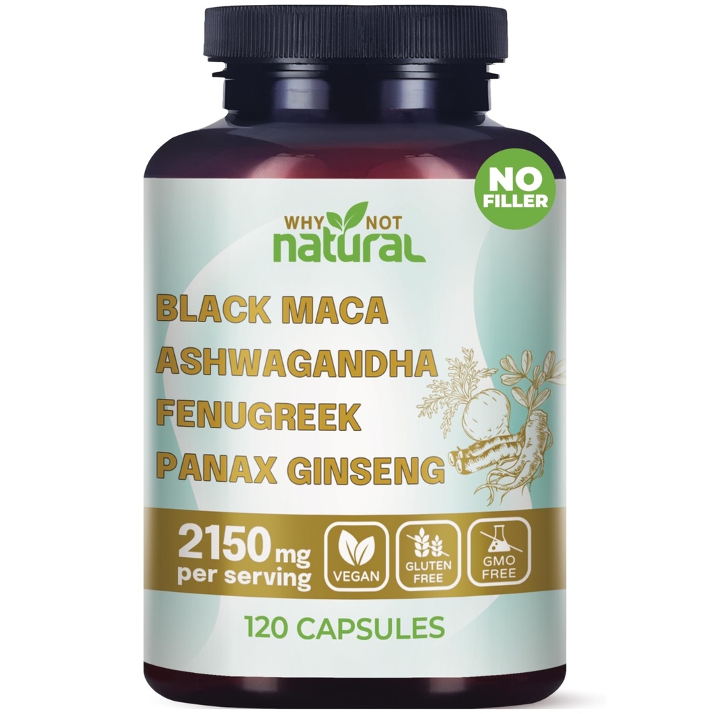 Varför inte naturliga 4-i-1 Organic Black Maca Root, Ashwagandha, Fenugreek, Panax Ginseng Capsules, Supplement för män och kvinnor