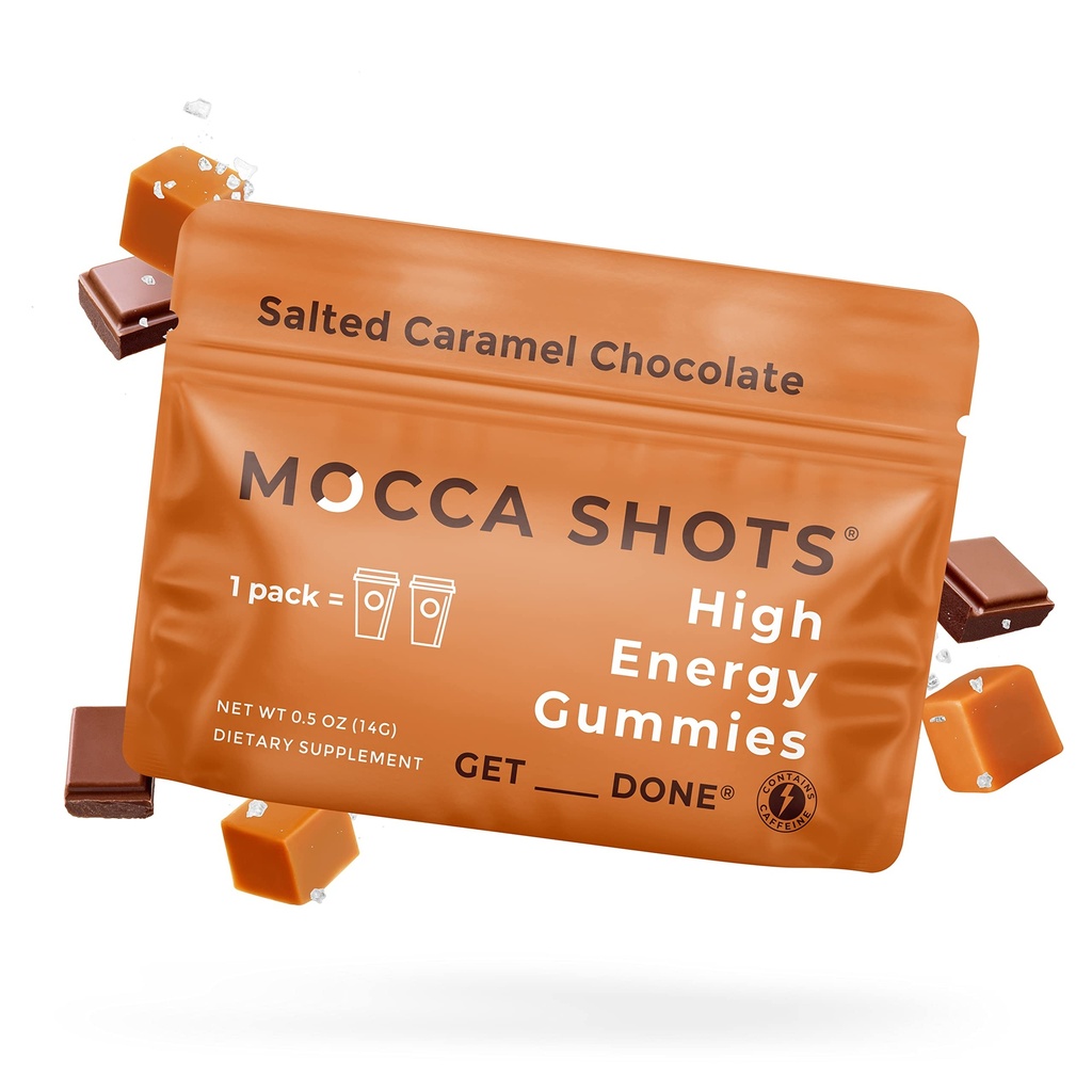 SGC Högsta koncentration 100mg Koffein per Gummy, 2 Gummies per Pack, 12-Pack Mocca Shots Salted Caramel Plant-Based nootropic Instant Energy med Ginkgo biloba, Theobromine.