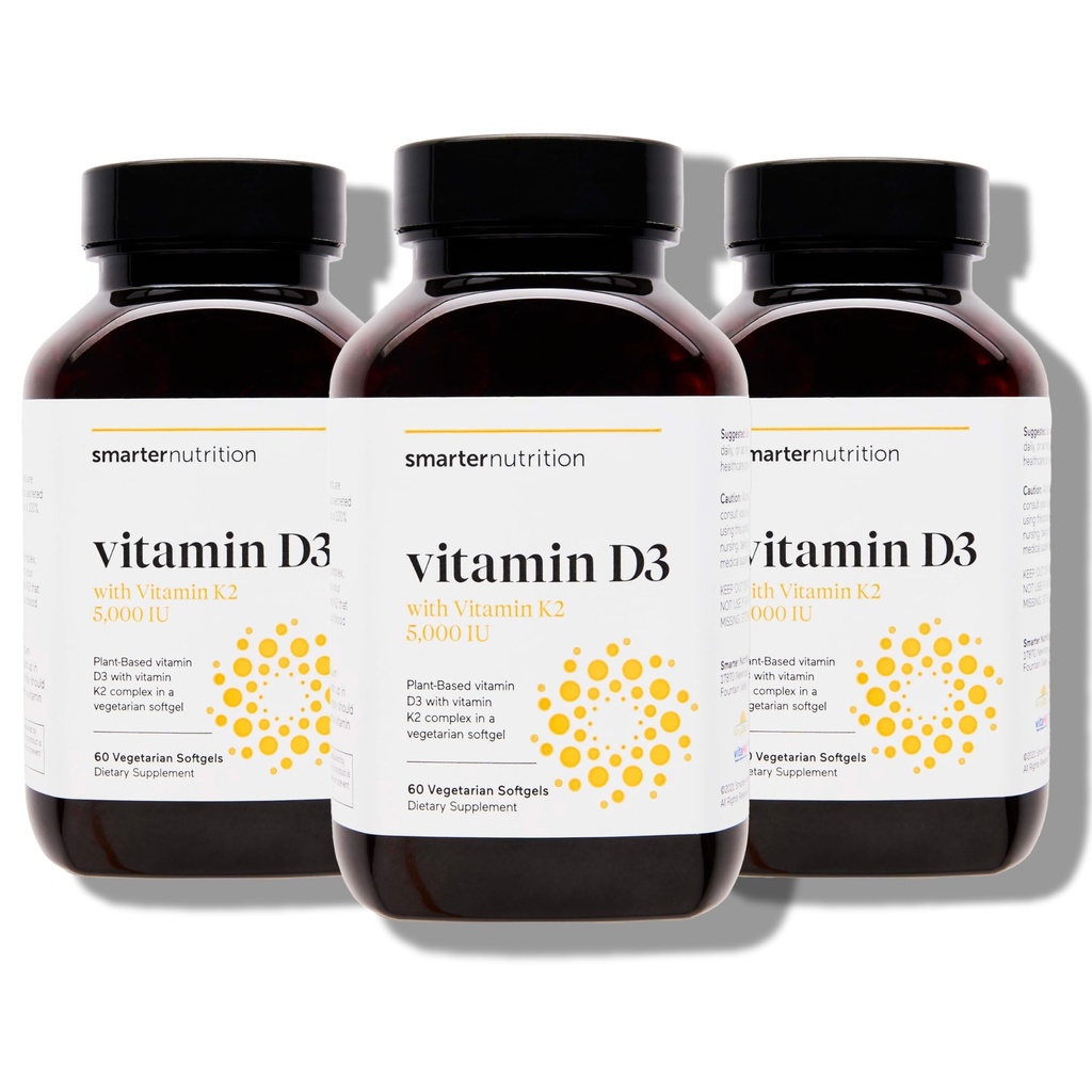 SMARTERNUTRITION Vegan Vitamin D3 5000 IE + Natur Vitamin K2 1100 mcg i organisk kokosnöt & olivolja - D3 K2 Supplement för Immune & Ben Support - 180 Softgels[90 Dag Supply]