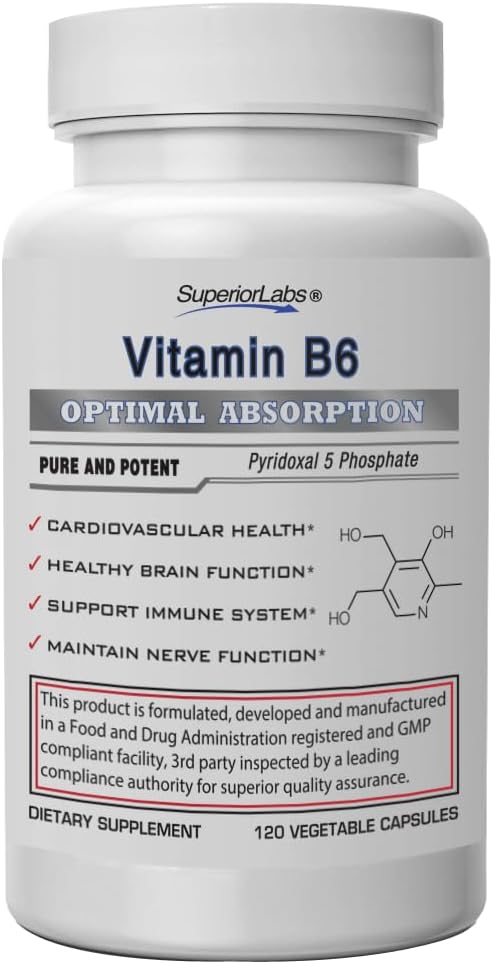 Superior Labs Vitamin B6 50mg, Pure Non-GMO Supplement, High Absorption, Supports Immune & Nervous System, Brain Function, Metabolism & Heart Health, Essential för Hemoglobin Production, 120 Veg Caps
