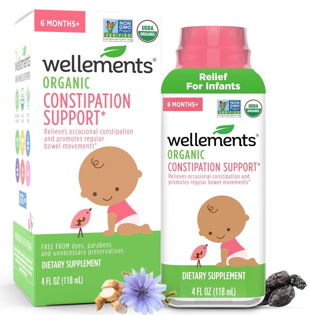 Wellements Organic Constipation Support för 6 månader + barn & småbarn (4 Fl Oz) | USDA Certified & Gentle Constipation Relief * för spädbarn med inga hårda laxermedel med dispenser