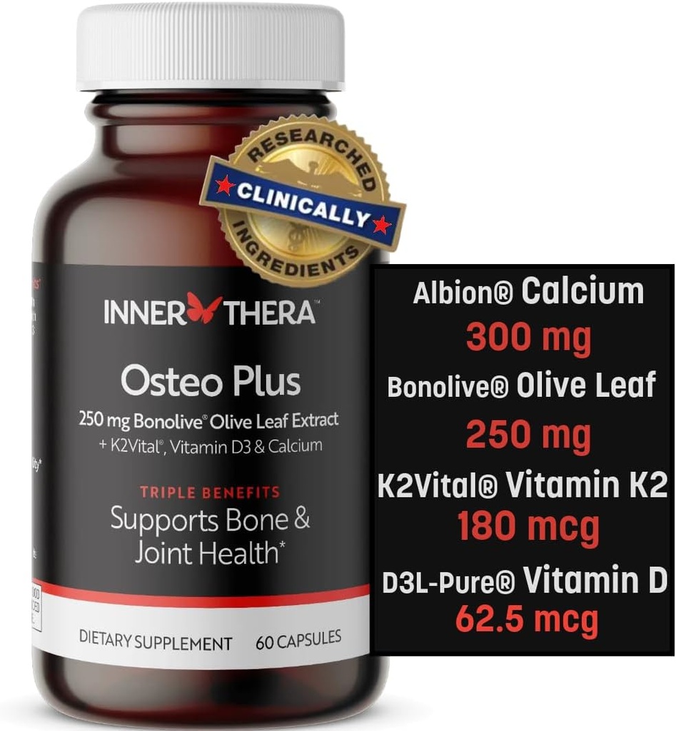 Osteo Plus 4-i-1 Omfattande tillägg - Kalcium med vitamin D3, K2 och Bonolive - Stöder hälsosam åldrande - Glutenfri, icke-GMO, Vegan (60 greve)