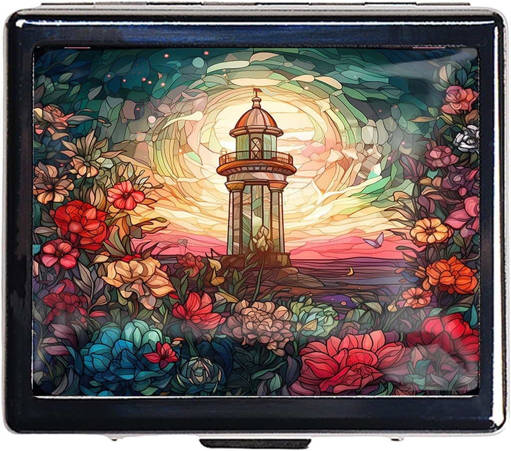 7 dagar Chromed Shiny Silver Pill Organizer med spegel Inuti har 8 separata kompartement rektangel 7 dagar Pill Box Pill Case (Lighthouse Stained Glass)