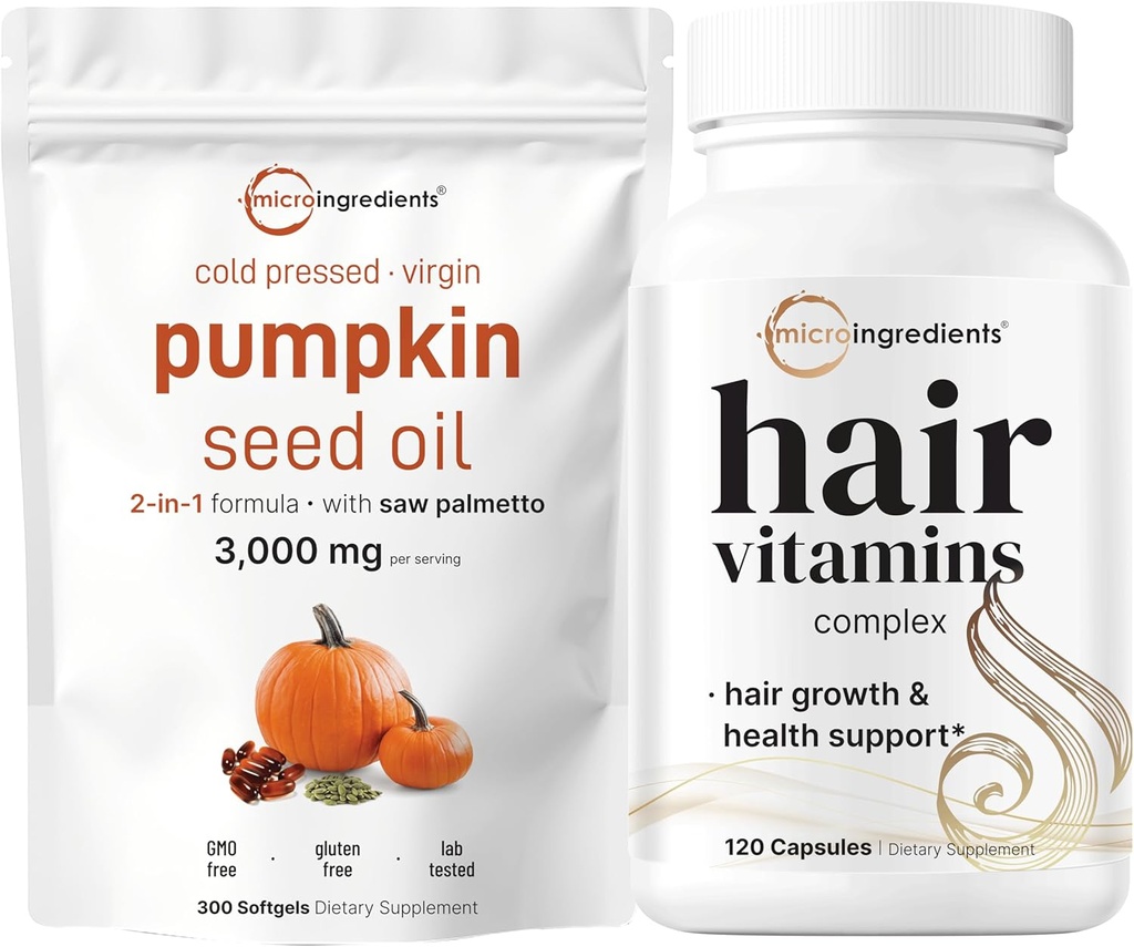 Micro Ingredients Pumpkin Seed Oil med Saw Palmetto 3 000mg Softgels & Hair Vitamins Complex Capsules | 2 Pack Bundle | Cold Pressed Virgin Oil | 14-i-1 Hair Growth Support med Collagen & Biotin