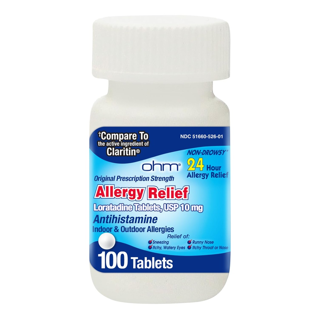 Ohm Allergy Pills - Loratadine Allergy 24 Hour Non Drowsy Relief för säsongsallergier, Sneezing - Loratadine 10 mg Antihistamin för effektiv icke-drowsy 24-timmars Symptom Relief - 100 Count