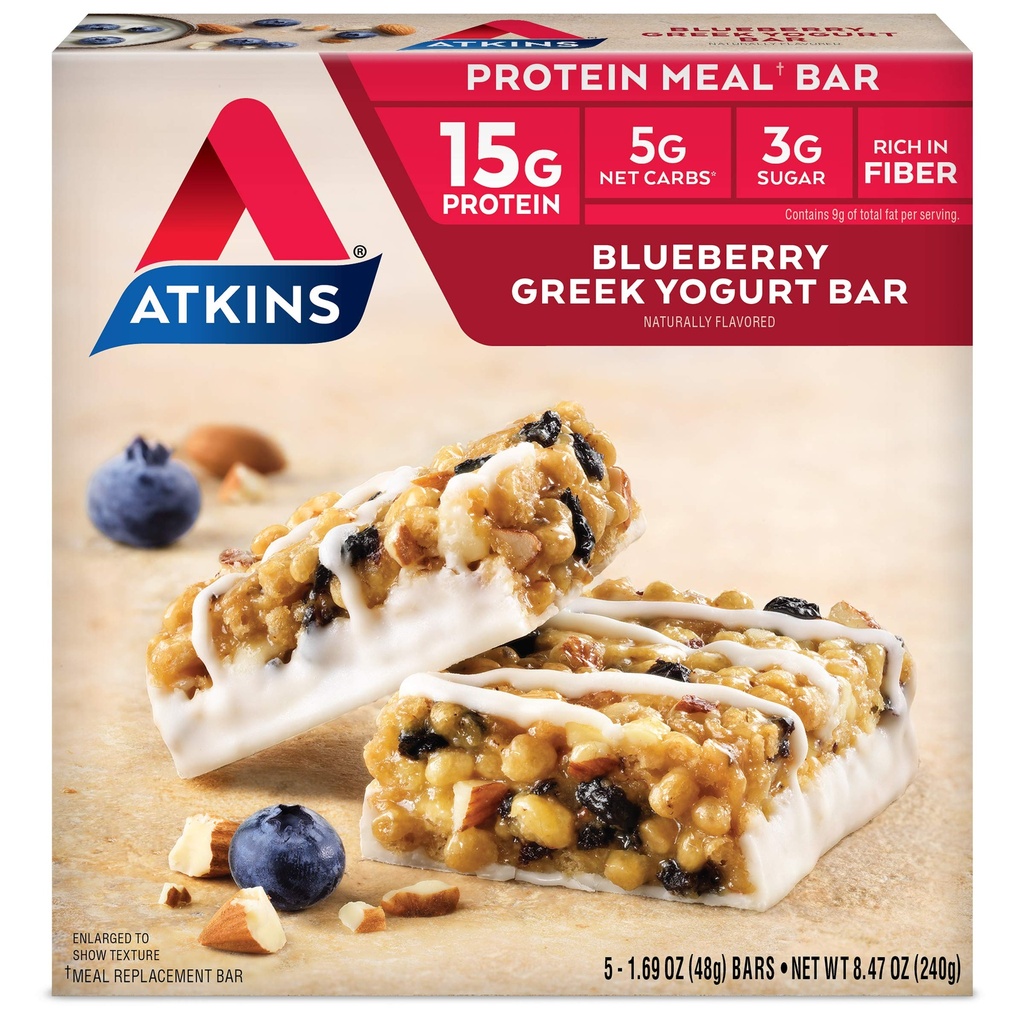 Atkins Blueberry grekisk Yogurt Protein Meal Bar, High Fiber, 15g Protein, 3g Sugar, 5g Net Carbs, Meal Replacement, Keto Friendly, 5 Count