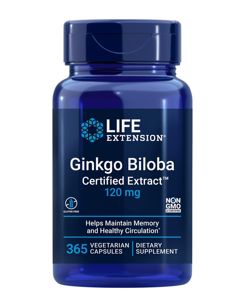 Life Extension Ginkgo Biloba Certified ExtractTM, 120 mg, hjälper till att upprätthålla minne och kognition, Gluten-Free, Non-GMO, Vegetarian, 365 kapslar