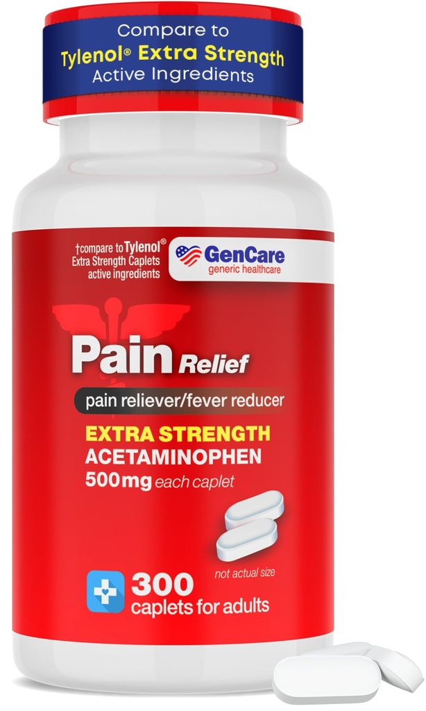 GenCare - Acetaminophen 500mg Extra Strength Pain Relief (300 Caplets) - Multi Symptom Pain Reliever för huvudvärk, Sinus, artrit, Back Pain Muscle Ache, Toothache, Fever Reducer, Migraine