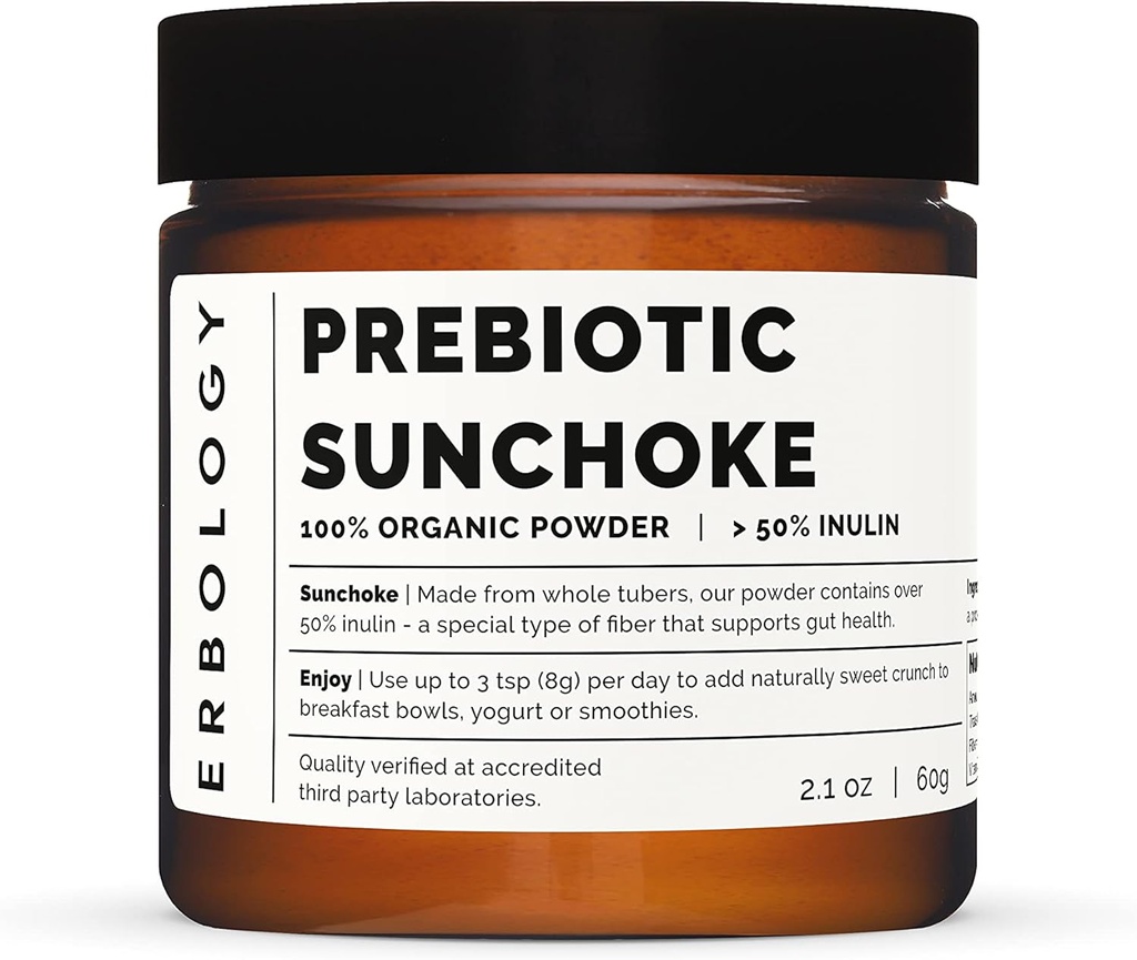 Erbology Organic Sunchoke Powder 2.1 oz - 30 Servings - 50% Prebiotic Inulin Fiber - Supports Gut Health and Promotes Diverse Microbiome - Feed Good Bacteria - Vegan - Gluten-Free - GMO-Free