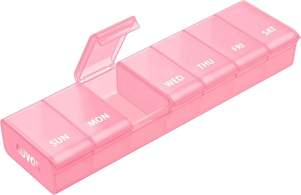AUVON Pink XL Weekly Pill Organizer med Effortless Opening Design, Arthritis Friendly Pill Box, BPA-Free Pill Organizer 7 Day, Cute & Portable Pill Case för vitaminer, kosttillskott och mediciner