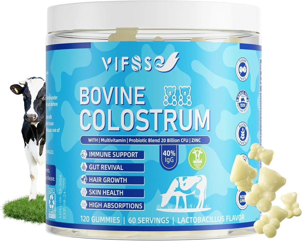 Grass Fed Colostrum Supplement 2000mg, 120 Gummies Sugar Free 40% IgG Bovine Colostrum Gummies + Probiotic, Multivitamin Etc för immunstöd, Gut Support, Hair & Skin