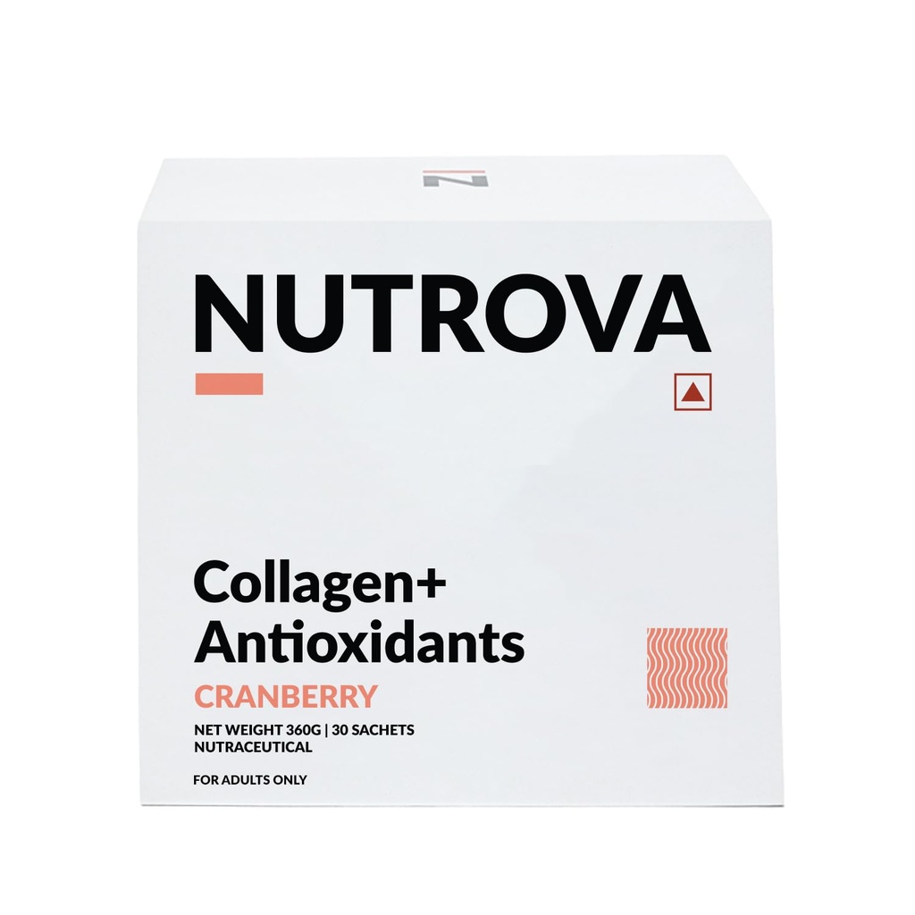 NUTROVA Collagen+Antioxidants Supplement - av Marine Collagen Powder för Män & Kvinnor, Ökar hudhydration, Utför hudskador, Stöder Hälsosam hud, Hår & Naglar, Kranbär, 1 räkna,30 portioner