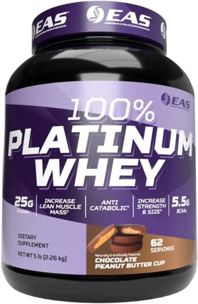 EAS 100% Platinum | 3 Ultra-Platinum Whey Proteins | Öka storlek och styrka | 25g protein, 5,5 g BCAAs | 5 pund (Chocolate Peanut Butter Cup)