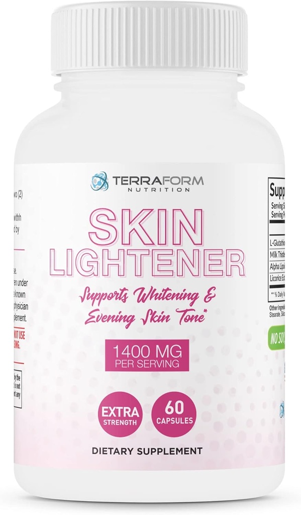 TerraForm Nutrition Skin Lightening Supplement, Glutathione 1000mg per Servering, Clears och Evens Skin Tones, hjälper till att rensa upp mörka fläckar och Acne Scars - 30 portioner