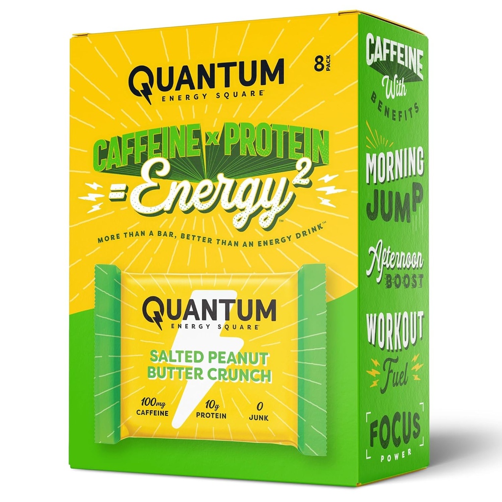 Quantum Energy Square: Energy Bar med koffein och 10g protein. Delicious Healthy Snack On The Go (Vegan, Gluten-fri, Soy-fri, Dairy-fri) (Salted Peanut Butter Crunch)