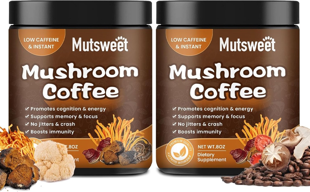 (2 Pack) Mushroom Coffee för Smoothies / Latte, Mushroom Powder Blend (57 portioner) med Lions Mane, Reishi, Cordyceps, Turkiet Tail, Chaga - Mushroom Supplement för energi, fokus, Immune-8 oz