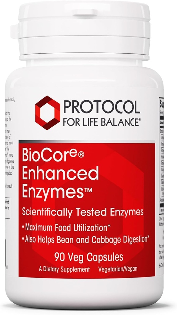 Protocol BioCore Förbättrade Enzymer - Hjälper Digest Beans & Cruciferous Vegetables * - Digestion Supplement * - Amylase & Lipase - Kosher & Vegan - 90 Veg Capsules