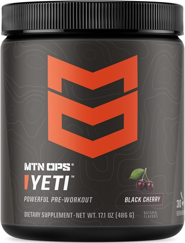 MTN OPS Yeti Pre-Workout Powder Energy Drink med kreatin, 200mg koffein och BCAA med Beta Alanine, 30-Serving Tub, Black Cherry