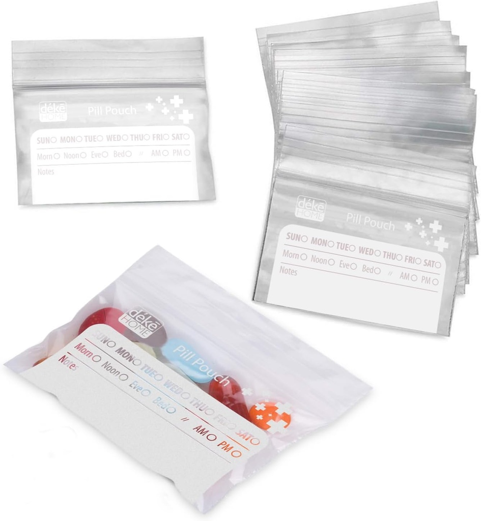 Deke Home - 100 Pack Clear Resealable Pill Bags (4x2.75 i), Travel Medicine Pouches med Write-On Label, BPA-Free Disposable Pill Organizer för mediciner, vitaminer och kosttillskott