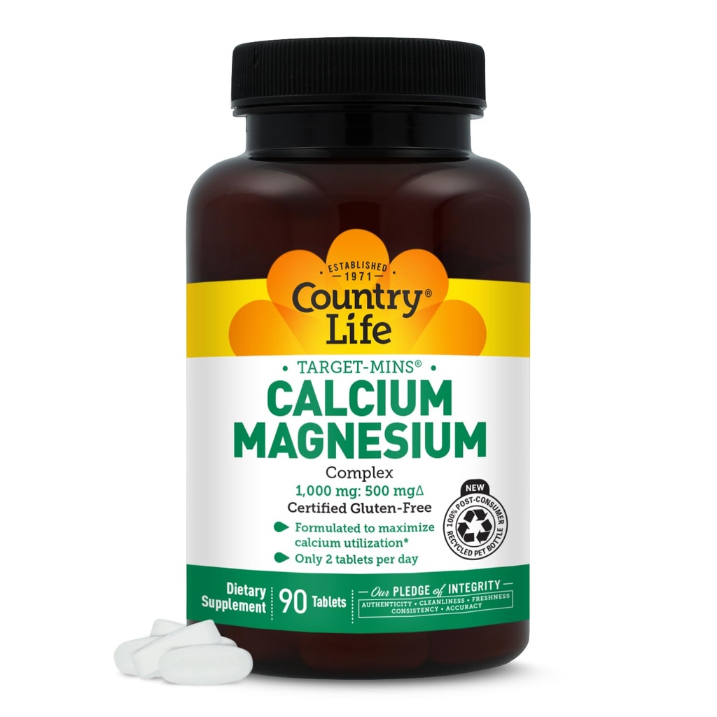 Country Life Target-Mins Calcium Magnesium Komplex 1000mg/500mg, 90 tabletter, Certified Gluten Free, Certified Vegan, Certified Non-GMO Verified
