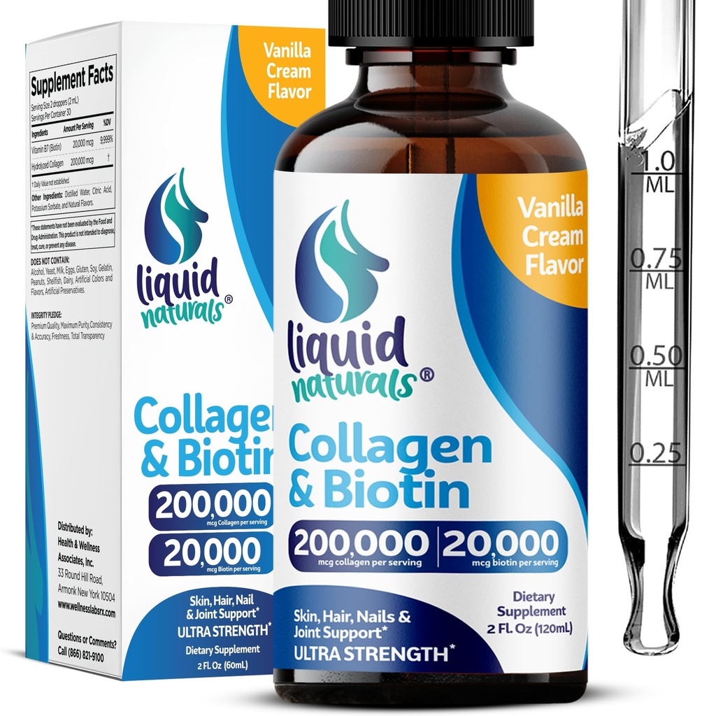 Liquid Collagen och Biotin, 2 Fl. Oz, Ultra-Strength Collagen Peptides för kvinnor, tredjepartstestade Biotin för hårväxtkvinnor, naglar och hudvitaminer B7 Collageno Peptides - Vanilla Flavor