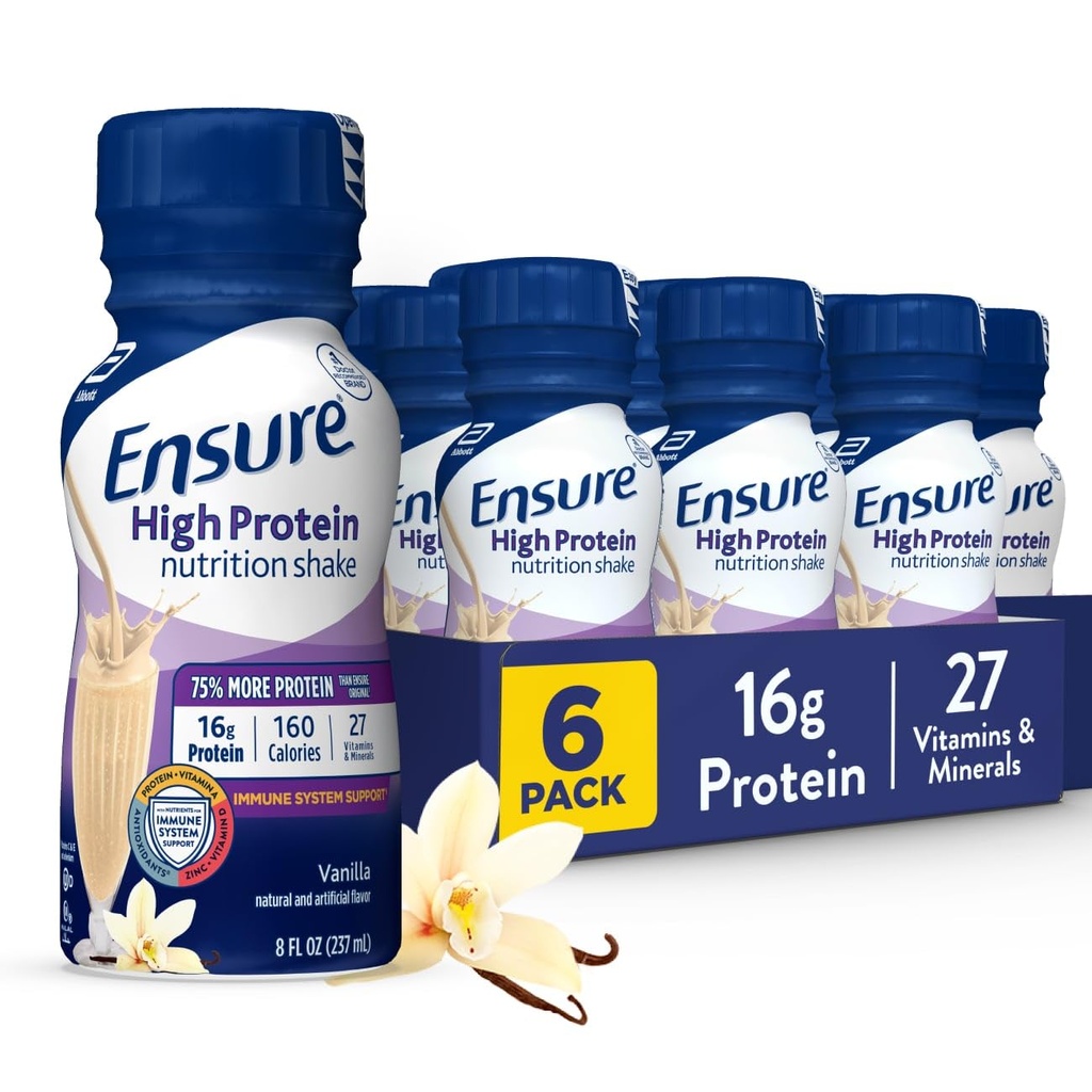 Ensure High Protein Vanilla Nutrition Shake with Fiber, Ready to Drink, 16g Protein and 27 Vitamins and Minerals, 8 fl oz, 6 Pack