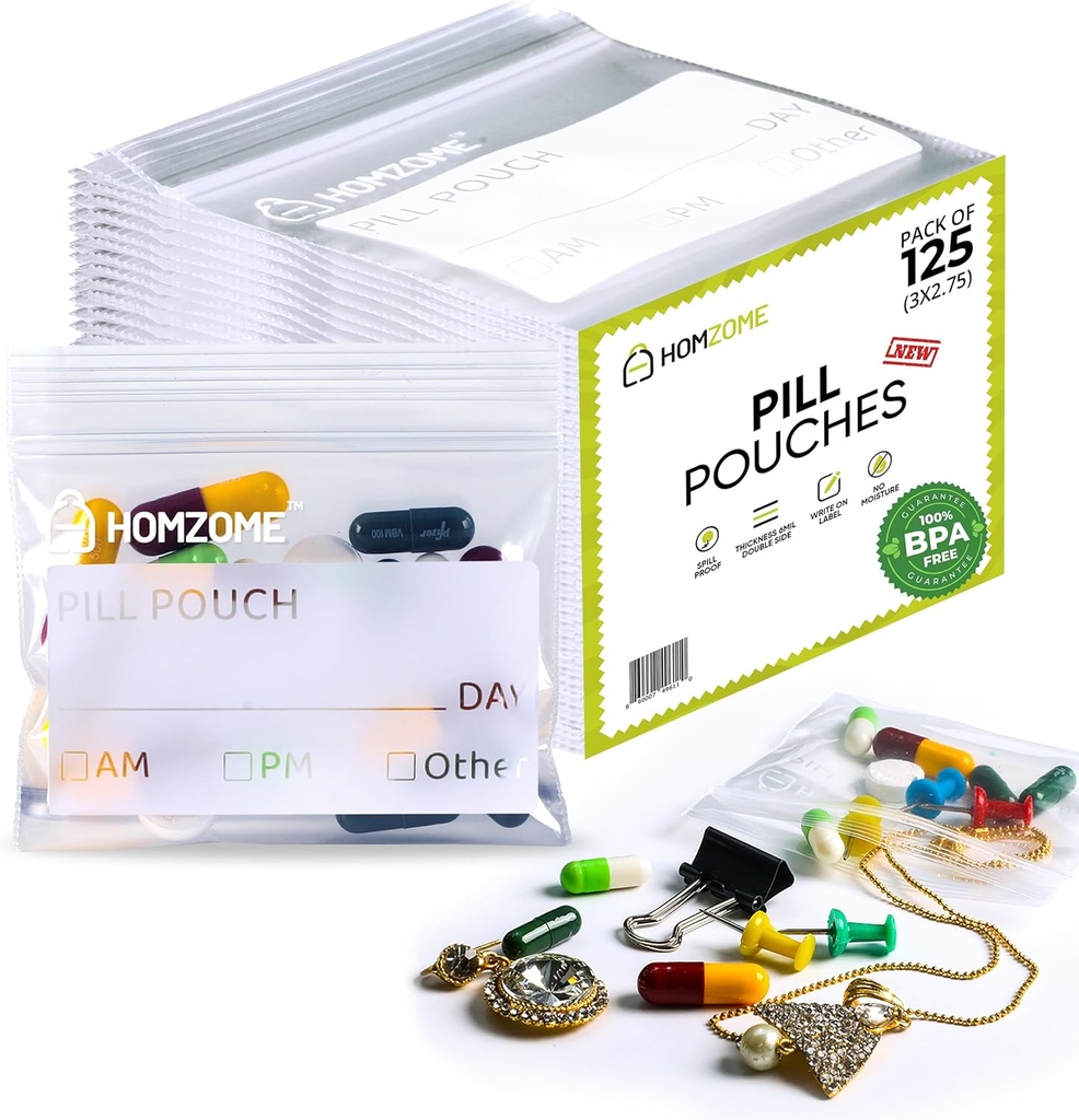 Pill Bags 6 mil -Pack av 125-BPA Gratis 3x2,75 tum Återanvändbara Pill Pouches för Medicin med Skriv på Label Clear Small Ziplock Bags för Pills, Smycken och Rese Pill Organizer (Pack av 125)