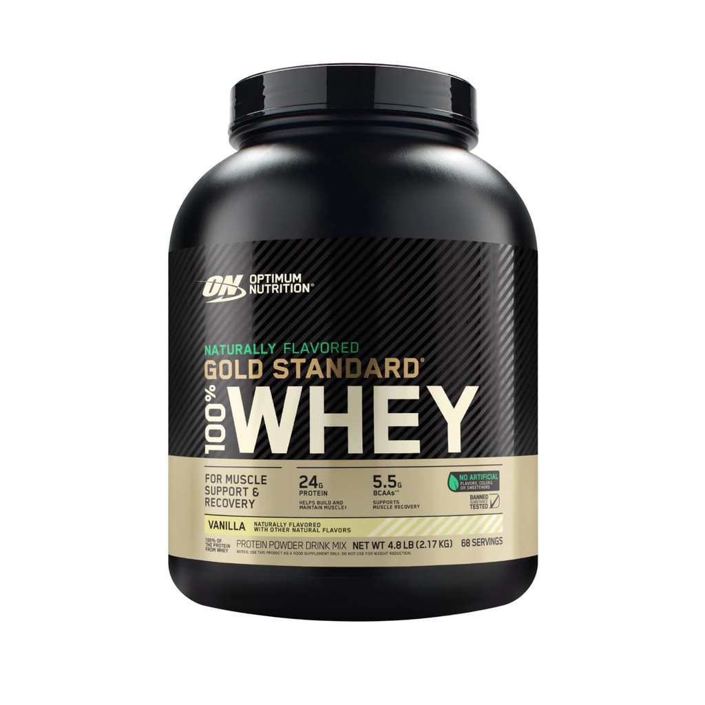 Optimum Nutrition Gold Standard 100% Whey Naturligt smaksatt proteinpulver 4.8 (Packaging May Vary), Vanilla, 76.8 Ounce