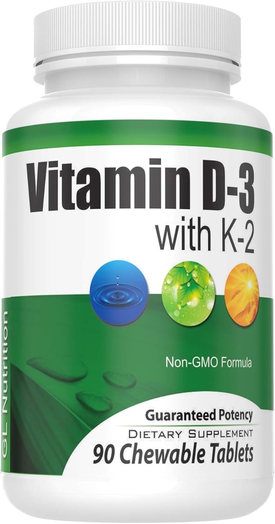 Chewable Vitamin D3 (2 000 IE) + K2 (MK7 75mcg) | 90 greve Easy Chewable tabletter för högsta absorption | Fördelar hjärta, ben, hud, tandhälsa, reglerar immunfunktion | GL Nutrition