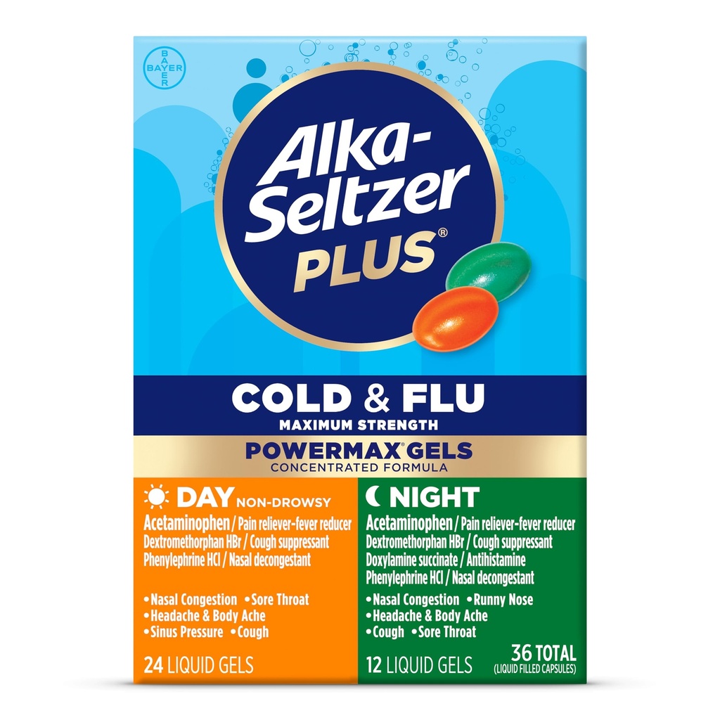 Alka-Seltzer Plus Power Max Cold & Flu Day+Night Medicine: Cough Suppressant, Cold och Flu Medicine för vuxna och barn 12 år och äldre, 36 greve, förpackning kan variera