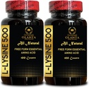 L-Lysin 500 - Naturtillskott Främjande Stress Support & Nervous System Health, L-Lysine HCl, dagligt lysinintag, energiproduktion, Amino Acid Vitamin Supplement - 2 flaskor 200 grejer