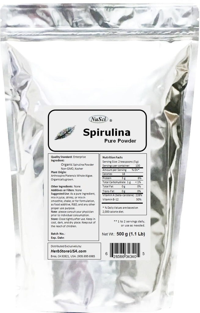 Spirulina organiskt odlad 100% Pure Powder 500g (1.1 lb) Färsk GMO-fri icke-strålad