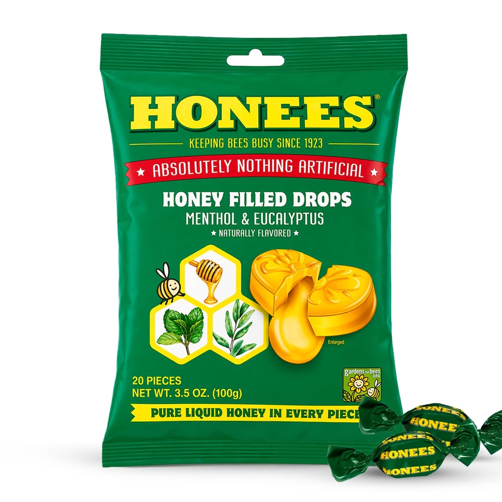 Honees Honey Menthol Cough Drops - 20-Piece, Single Pack Honey-Filled Lozenges | Temporär lättnad från hosta | Soothes Sore Throat | All Natural