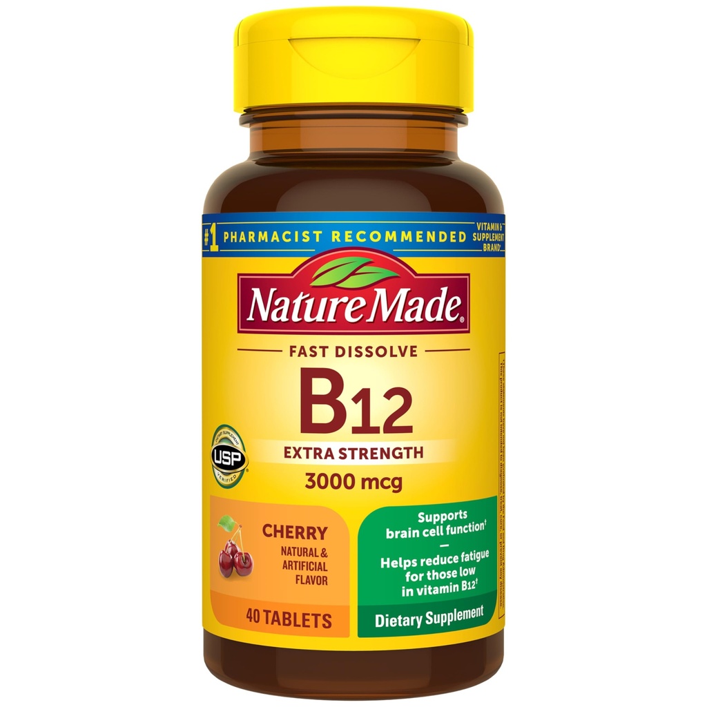 Nature Made Vitamin B12 3000 mcg, lätt att ta sublingual B12 för energi Metabolism Support, 40 sockerfria snabba upp tabletter, 40 dagars leverans