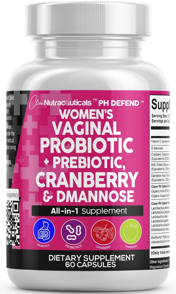 Clean Nutraceuticals Vaginal Probiotics for Women with Cranberry, D-Mannose, Prebiotics, pH Balance Support, Feminine Health, Urinary Tract Cleanse – Capsule Alternative to Gummies – 60 Count