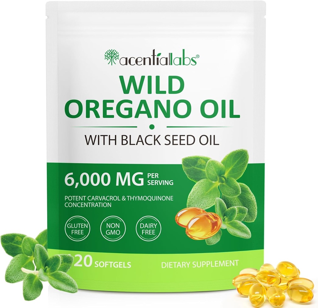 Olja av Oregano med Black Seed Oil, Olja av Oregano Softgels 6000mg Per Servering, 2 i 1 Formulerad med Black Seed Oil 200mg,Organic Oregano Oil, Gluten Free,Dairy Free,120 Count (1 Pack)