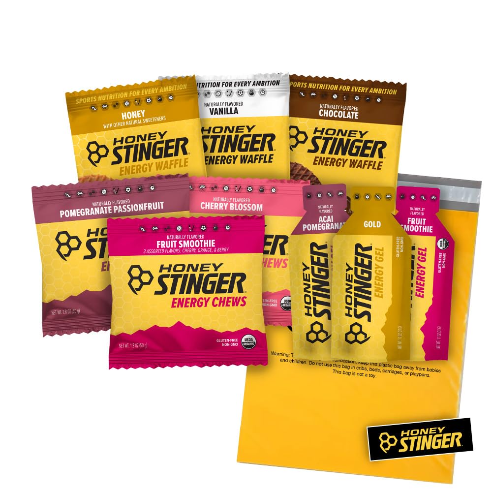 Honung Stinger Training Kit - 9 Count Plus Sticker och Polybag - Energikälla för alla aktiviteter - 3 organiska våfflor, 3 förpackningar av energi Chews & 3 Energy Gels