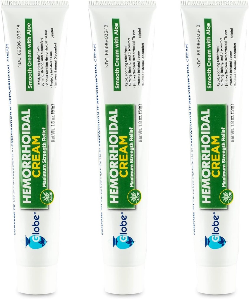 Globe (3 Pack) Hemorrhoid Cream, Relief with Aloe, (1.8 Ounce Tube) Relief från Hemorrhoids, Piles, Itching, Burning, Discomfort, & More